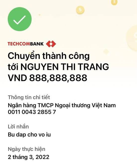 Trần Tuấn Duy đăng tải hoá đơn chuyển 888 triệu cho vợ 