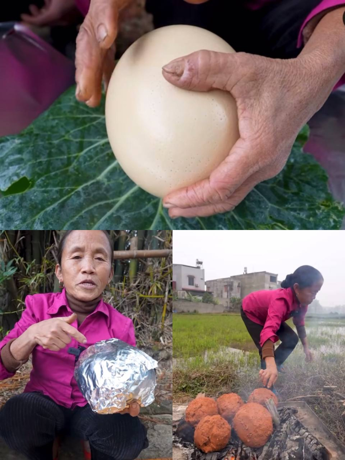 Bà Tân Vlog nướng trứng đà điểu. (Ảnh: @batanvlog)