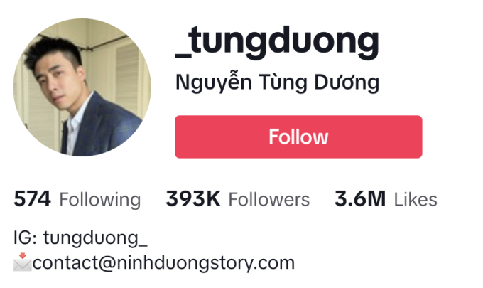   Trong khi đó, kênh TikTok của Nguyễn Tùng Dương hiện có 393.000 người theo dõi, 3,6 triệu lượt like.  