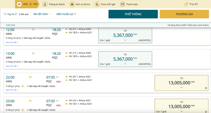 Chặng bay Hà Nội - Phú Quốc của Vietnam Airlines còn rất ít vé và giá ở mức cao
