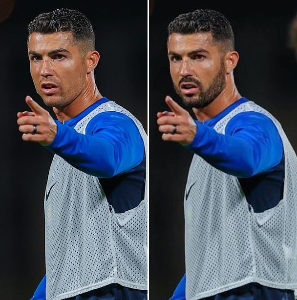 Tấm ảnh gốc (trái) được Ronaldo đăng tải trên trang cá nhân và hình ảnh được chỉnh sửa (phải)