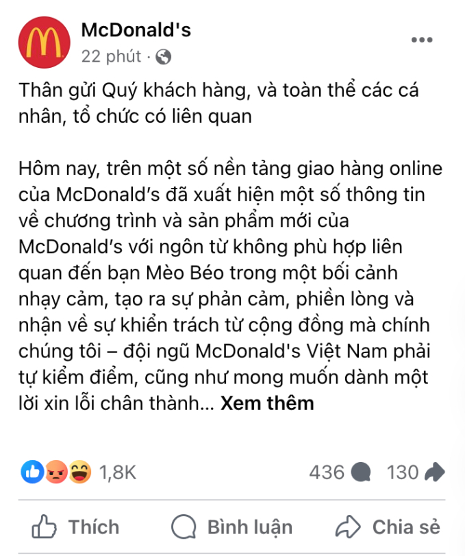 Bài đăng của McDonald's Việt Nam (Ảnh chụp màn hình)