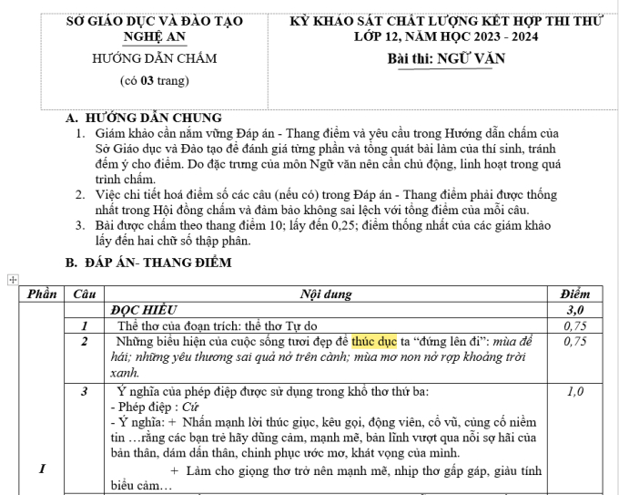 Hướng dẫn chấm điểm đề thi Văn khảo sát kết hợp thi thử lớp 12 ở Nghệ An năm 2023 - 2024 vào ngày 04/5/2024 (Ảnh chụp màn hình)