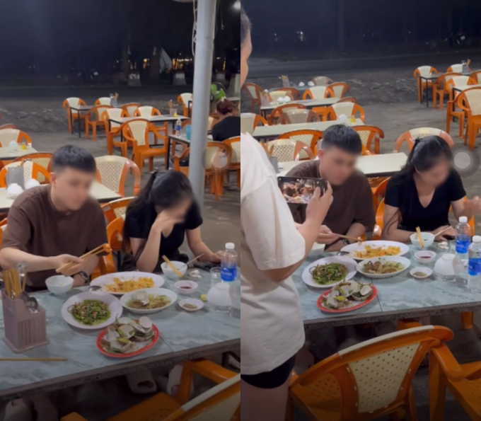 Dù bị vợ đang mang bầu đến bắt quả tang đi ăn với người phụ nữ khác nhưng người chồng vẫn tỏ ra bình thản, vô tư ngồi ăn uống (Ảnh chụp màn hình)