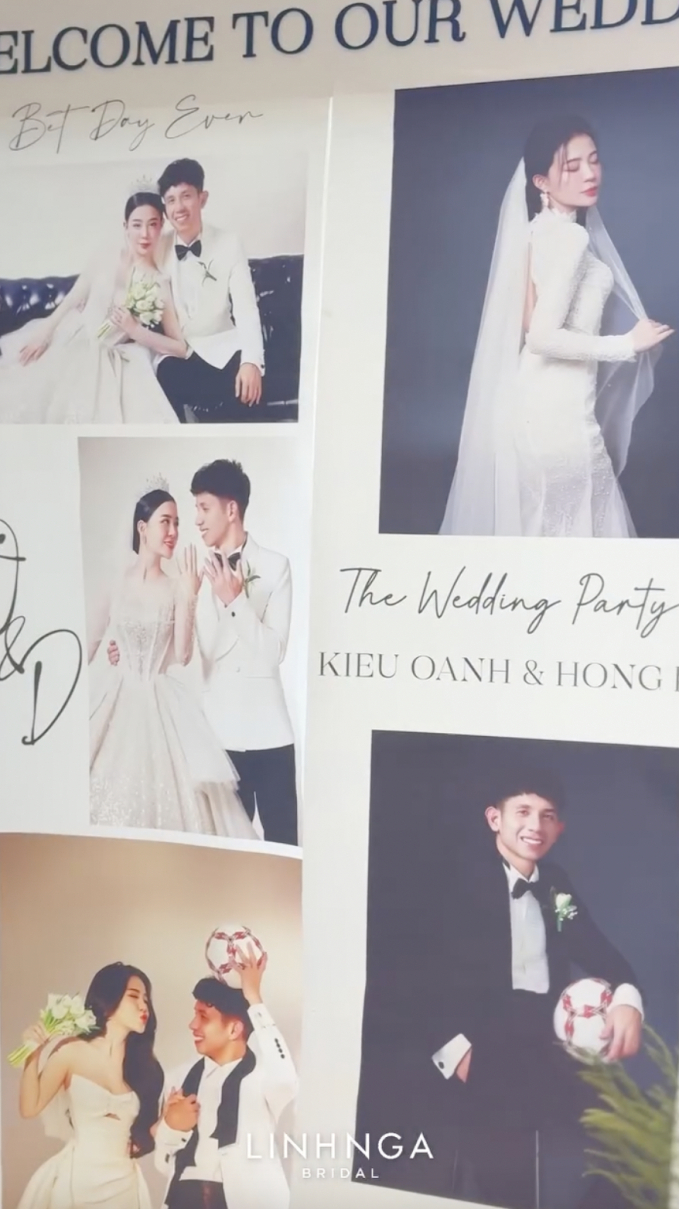 Không gian đám cưới được trang trí bằng hoa tươi với màu xanh trắng chủ đạo, ảnh cưới của cô dâu được bài trí ở sảnh để quan khách cùng ngắm nhìn và chúc phúc