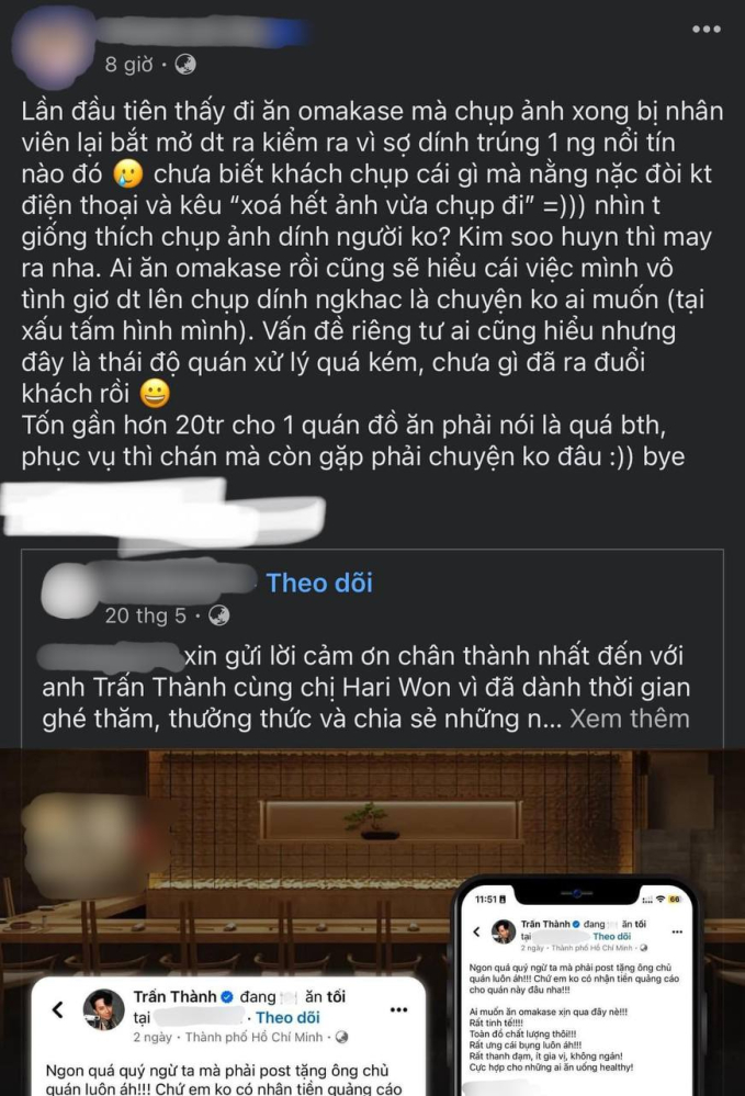 Quán Omakase dính ồn ào xóa ảnh liên quan đến Trấn Thành lên tiếng: “Chúng tôi phục vụ toàn khách sang trọng nên không xảy ra vấn đề như vậy!”