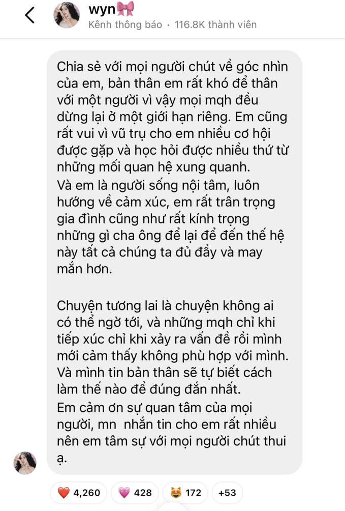 Wyn Anh chia sẻ về những mối quan hệ của mình, nhiều người cho rằng cô ẩn ý nhắc đến chuyện của Như Phương