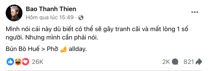 B Ray đăng tải nội dung cho rằng bún bò Huế ngon hơn phở (Ảnh chụp màn hình)