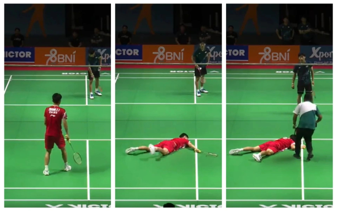 Vận động viên cầu lông Trung Quốc bất ngờ ngã xuống đất trong trận đấu (Ảnh chụp màn hình)