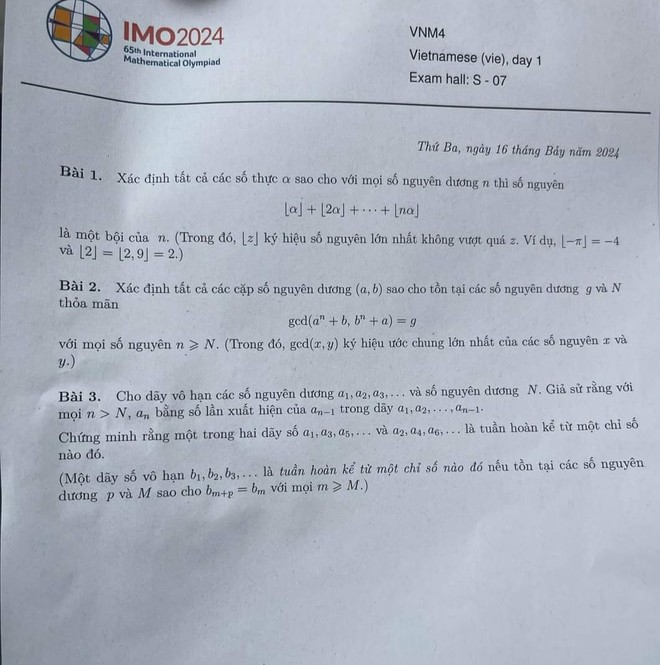   Đề thi toán ngày đầu tiên. Ảnh: Diễn đàn Toán học Việt Nam