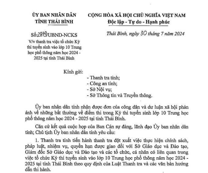 Văn bản chỉ đạo của UBND tỉnh Thái Bình liên quan vụ việc