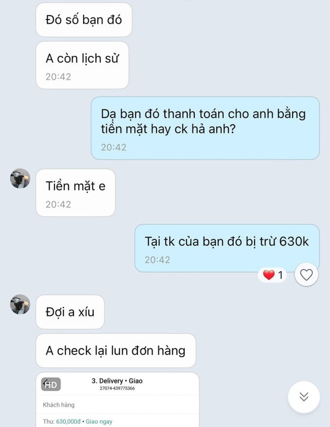 Tin nhắn của chủ nhà hàng với shipper