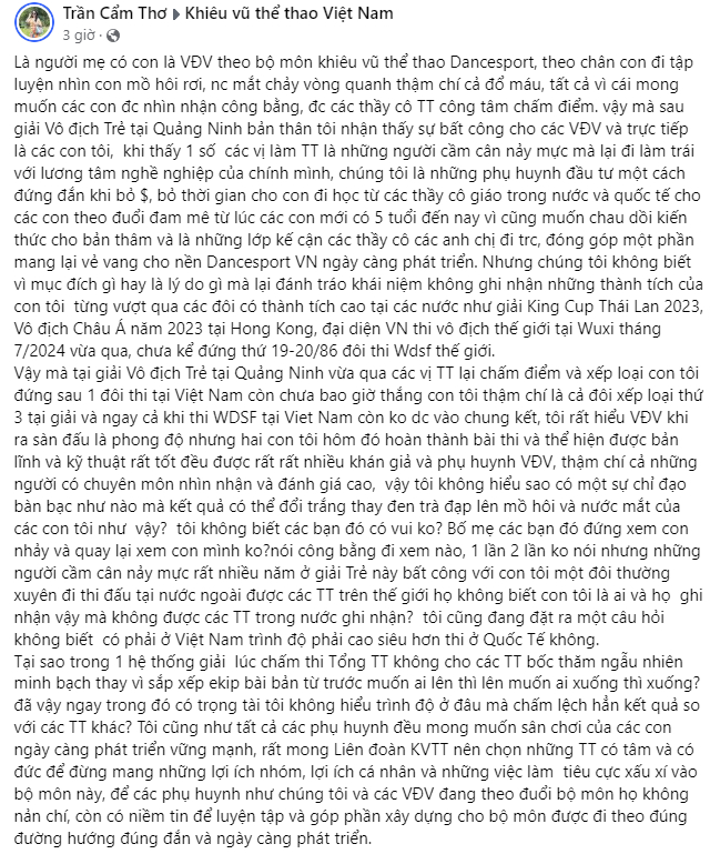 Mẹ vợ Bùi Tiến Dũng tố trọng tài tại giải vô địch trẻ khiêu vũ thể thao quốc gia 2024 chấm bất công