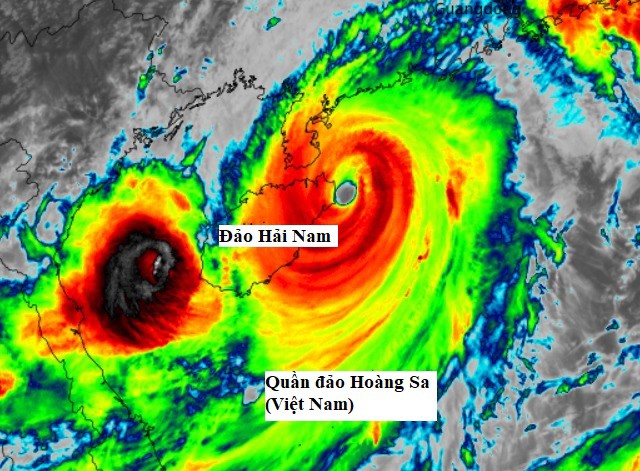 Bão số 3 Yagi bắt đầu đổ bộ vào đảo Hải Nam, Trung Quốc, chiều 6/9/2024. Ảnh: MET Office Storms (đã Việt hóa)