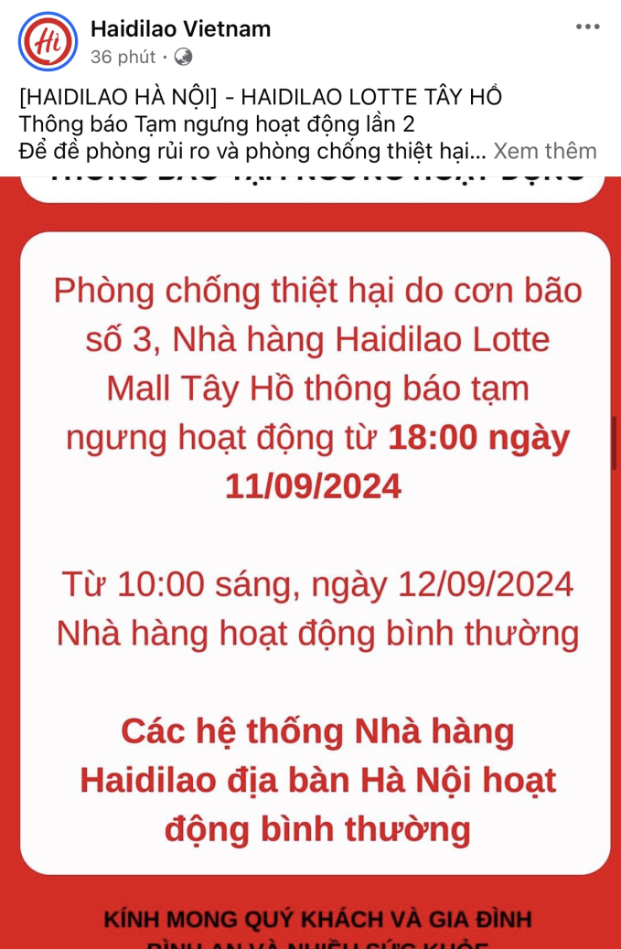 Haidilao tại Lotte Mall Tây Hồ cũng tạm đóng cửa từ 18h hôm nay (Ảnh chụp màn hình)