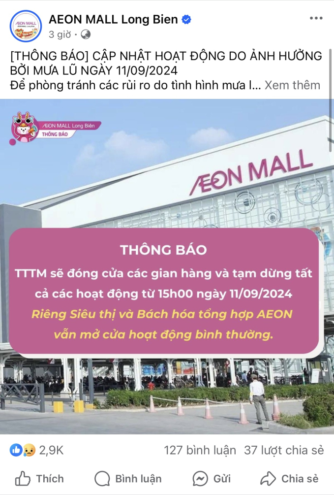 Aeon Mall Long Biên thông báo sẽ đóng cửa các gian hàng và tạm dừng các hoạt động từ 15h ngày 11/9, trừ siêu thị và bách hoá tổng hợp AEON vẫn hoạt động bình thường (Ảnh chụp màn hình)