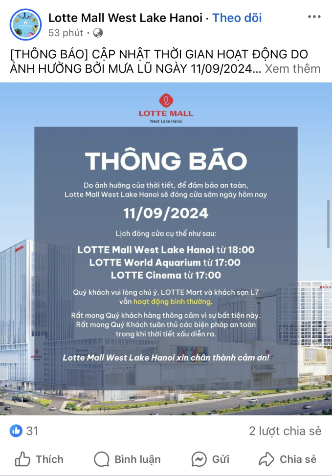 Lotte Mall Tây Hồ cũng đăng tải thông báo về giờ đóng cửa sớm của các khu vực dịch vụ bên trong TTTM này (Ảnh chụp màn hình)