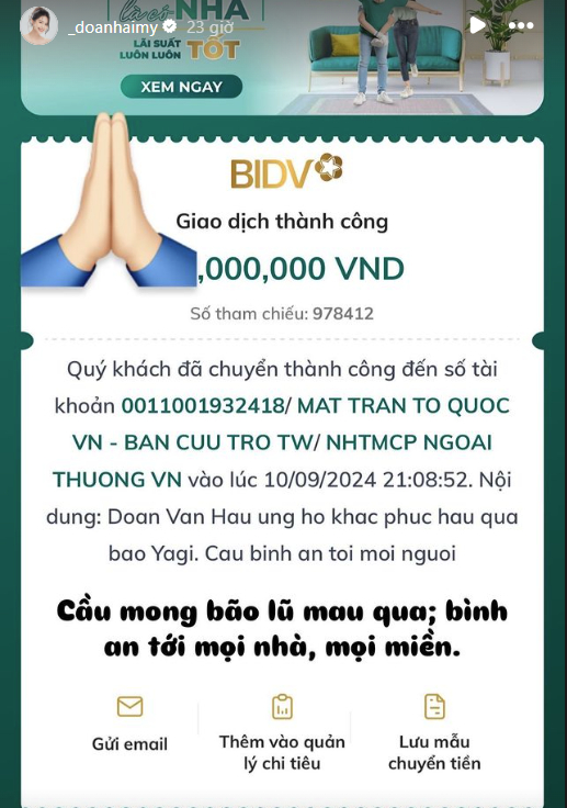 Đoàn Văn Hậu và Doãn Hải My ủng hộ bà con chịu ảnh hưởng bão số 3