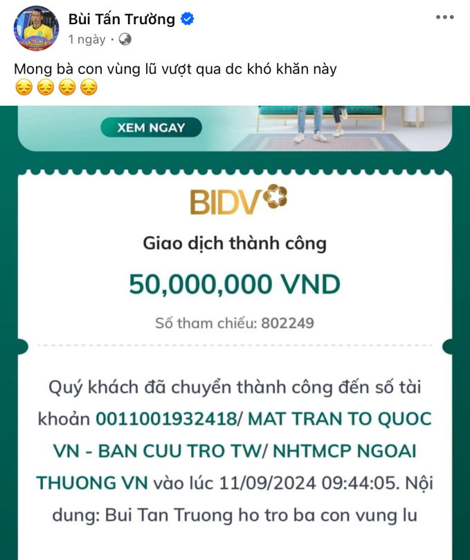  Thủ môn Tấn Trường ủng hộ 50 triệu đồng 