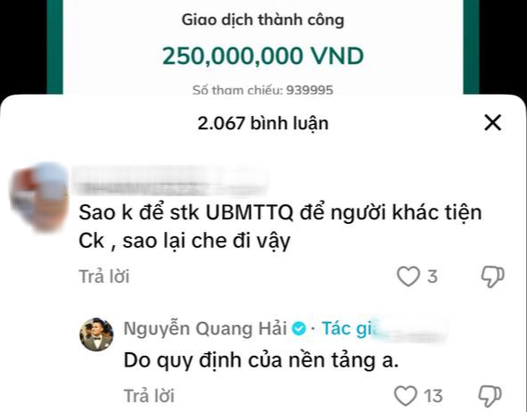 Quang Hải giải thích việc che số tài khoản của Mặt trận Tổ quốc Việt Nam