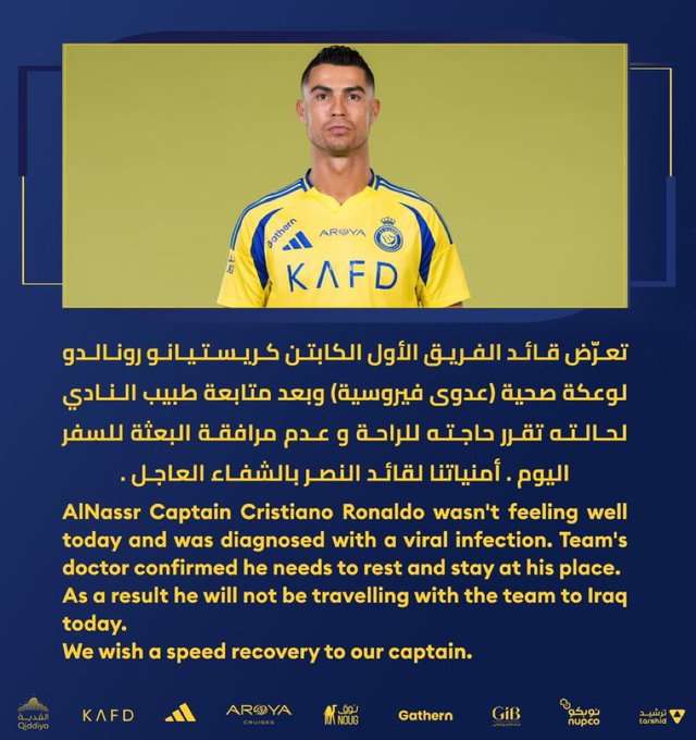 CLB Al Nassr thông báo Ronaldo vắng mặt ở trận tới của Al Nassr