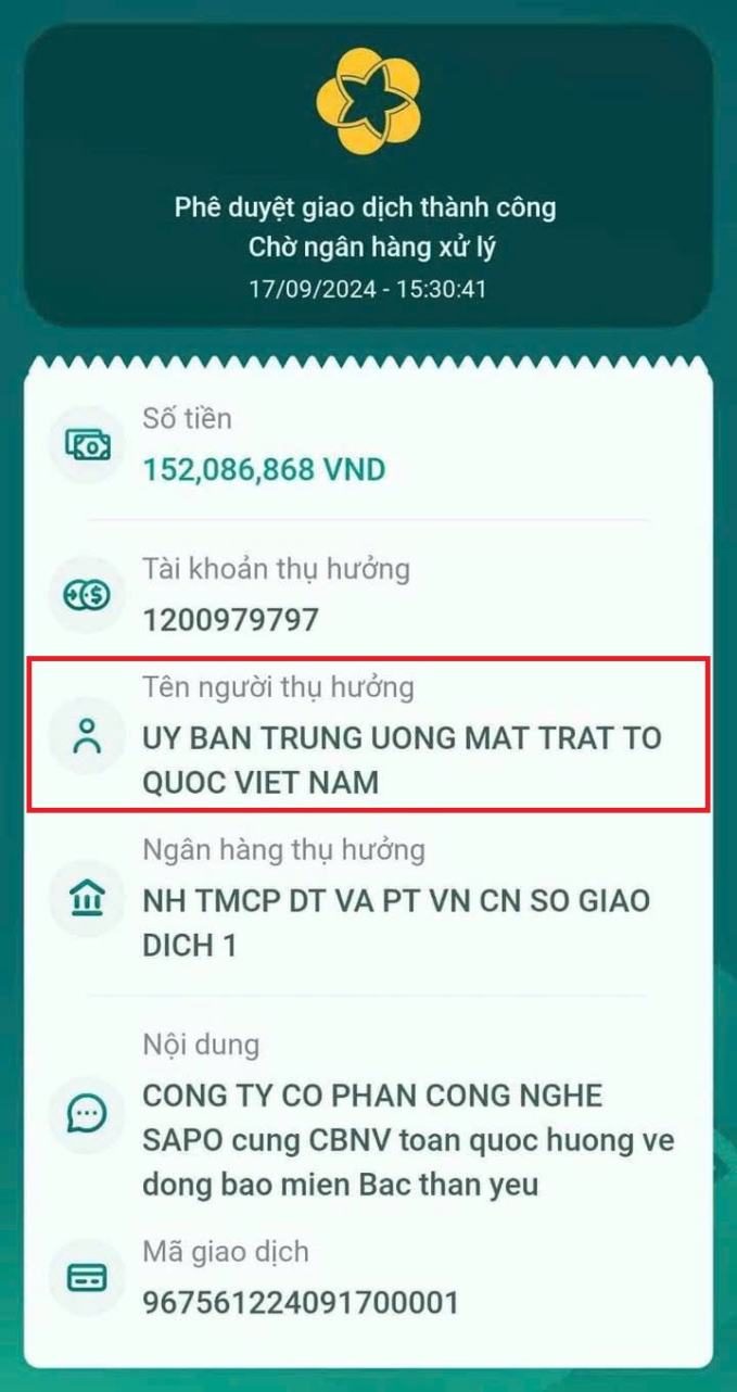 Một đơn vị khác cũng gặp lỗi text tương tự khi thực hiện giao dịch chuyển khoản đến tài khoản ngân hàng BIDV của Mặt trận Tổ quốc Việt Nam