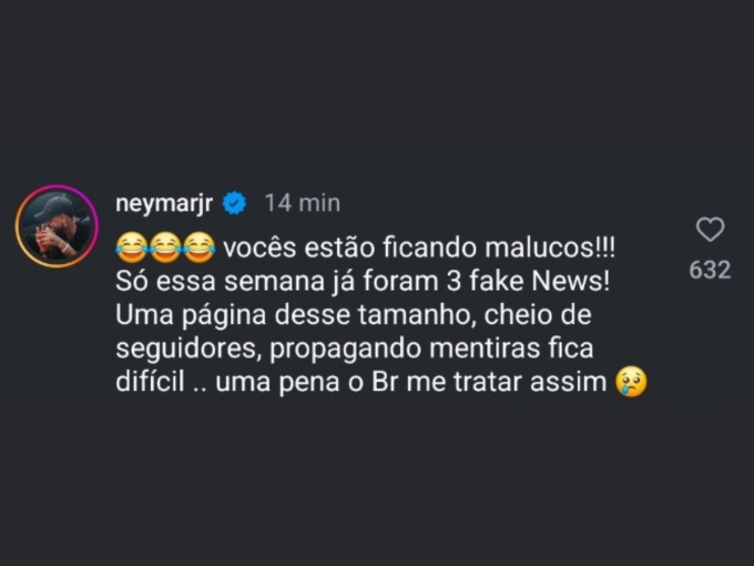 Neymar đăng bình luận khẳng định việc bị lấy nhẫn là giả. Cầu thủ này còn khẳng định đã bị đồn 3 tin giả chỉ trong tuần này