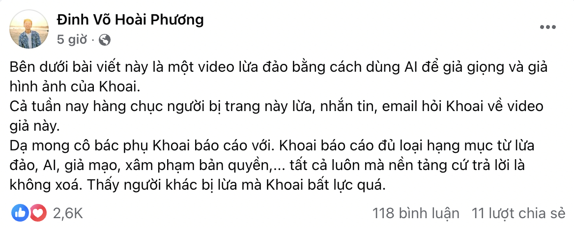 Bài đăng của Khoai Lang Thang (Ảnh chụp màn hình)