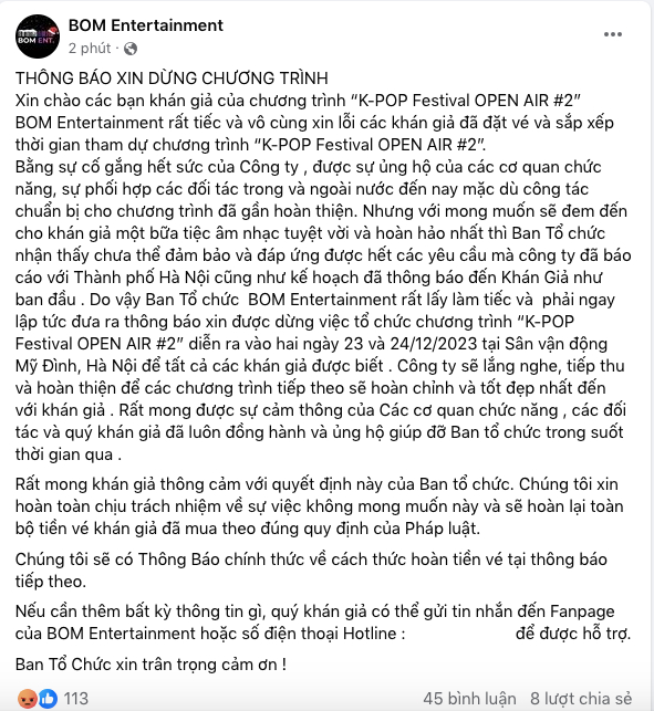 BOM Entertainment thông báo huỷ show phút chót (ảnh: cap màn hình)