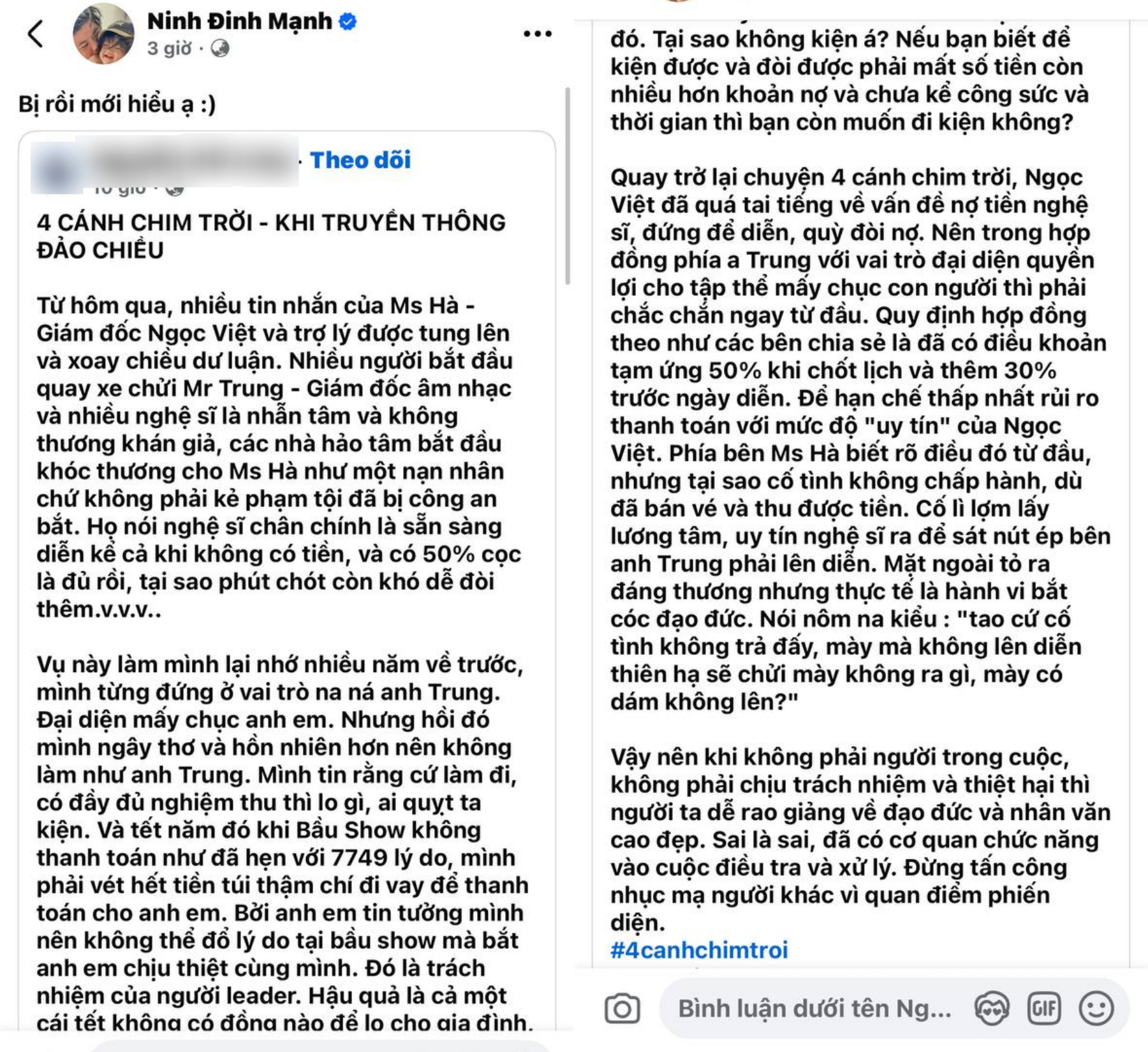 Bài viết được ca sĩ Đinh Mạnh Ninh chia sẻ (ảnh: chụp màn hình)