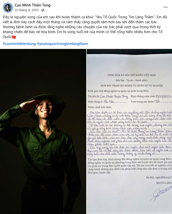 Bài đăng của Cao Minh Thiên Tùng về việc xin thực hiện nghĩa vụ quân sự (ảnh cap màn hình)
