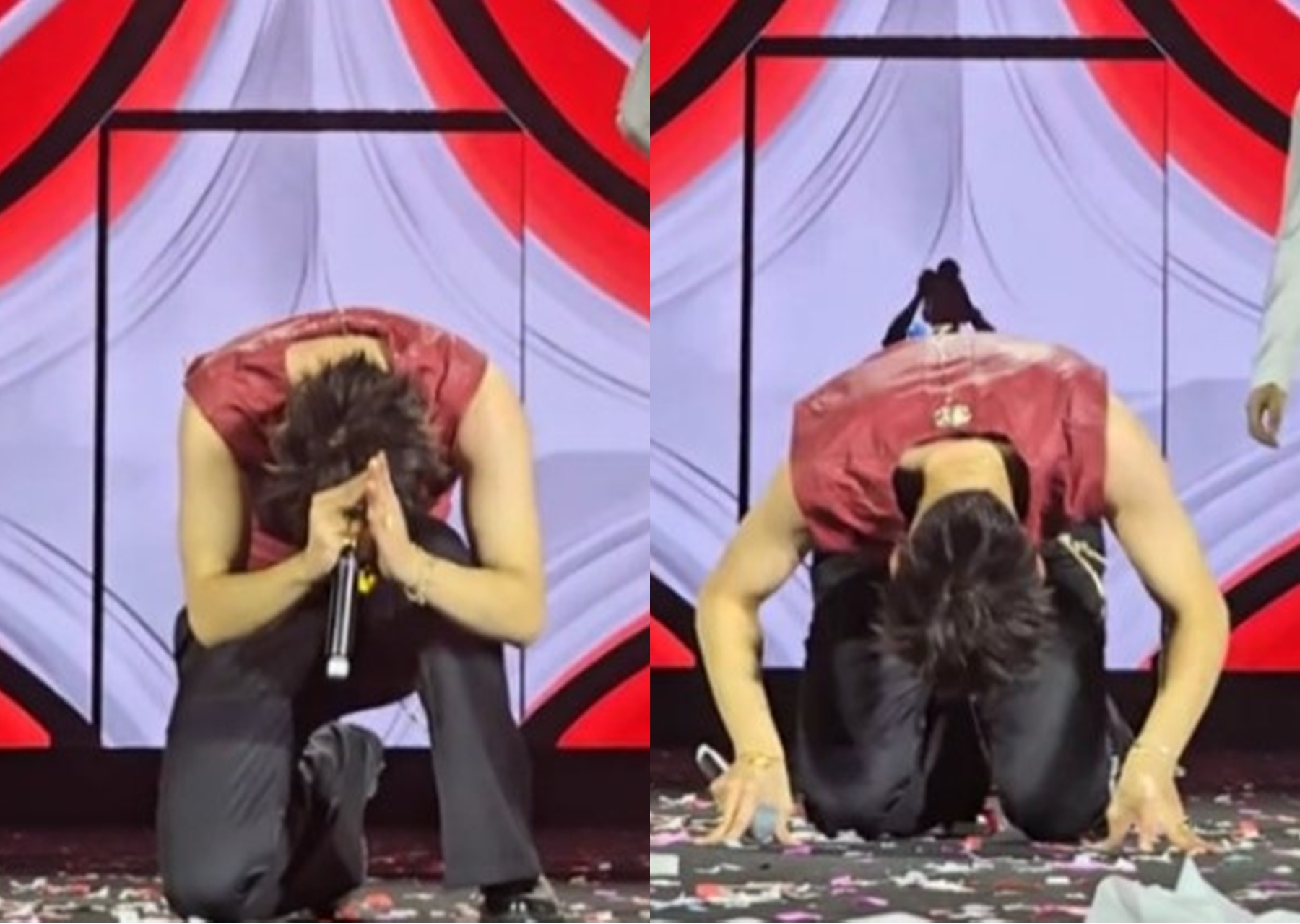 Hình ảnh Dương Domic quỳ lạy fan gây tranh cãi (ảnh: cap màn hình)