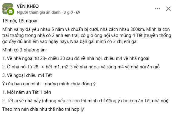 Bài đăng ẩn danh của 1 chàng trai hỏi về chuyện Tết nội - Tết ngoại