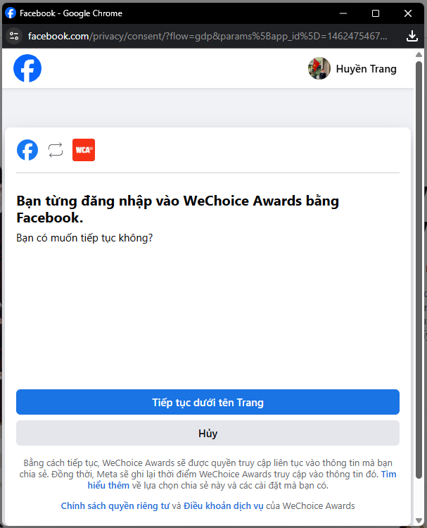 Màn hình hiển thị khi độc giả đăng nhập bằng Facebook