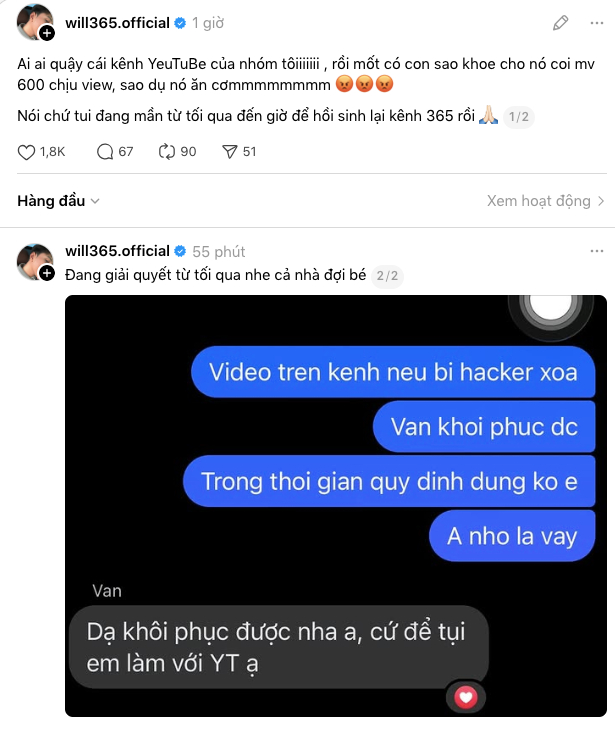 Will cập nhật bài đăng Threads cho biết đang làm việc với YouTube để khôi phục MV Bống Bống Bang Bang 