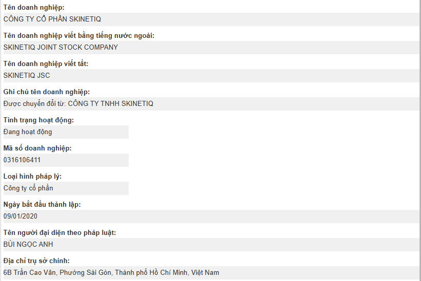 Thông tin về Skinetiq trên Cổng thông tin quốc gia về đăng ký doanh nghiệp