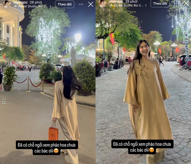 Cô diện áo dài đẹp, xúng xính đi xem pháo hoa.