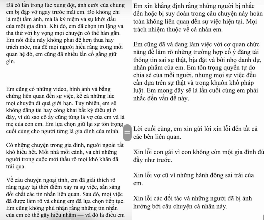 Bài đăng lên tiếng xin lỗi, chia sẻ về ồn ào lộ clip đánh vợ của Thắng Không Kịp. Nguồn: phungvanthang169