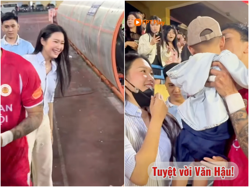 Doãn Hải My trắng phát sáng trong một lần lên sân cổ vũ chồng (Ảnh chụp màn hình/ Giấc mơ vô địch & FPT Play) 