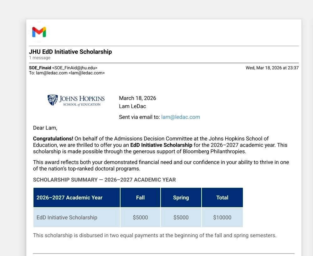 Thông tin về học bổng của anh Lê Đắc Lâm tại Johns Hopkins