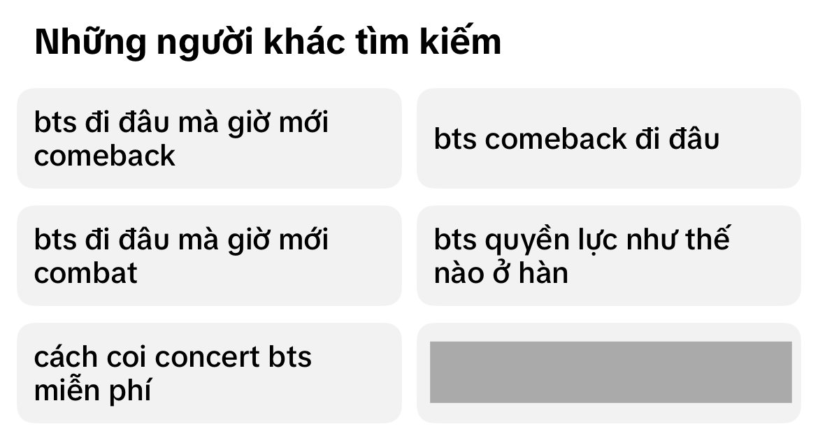 Các tìm kiếm liên quan đến BTS trên TikTok