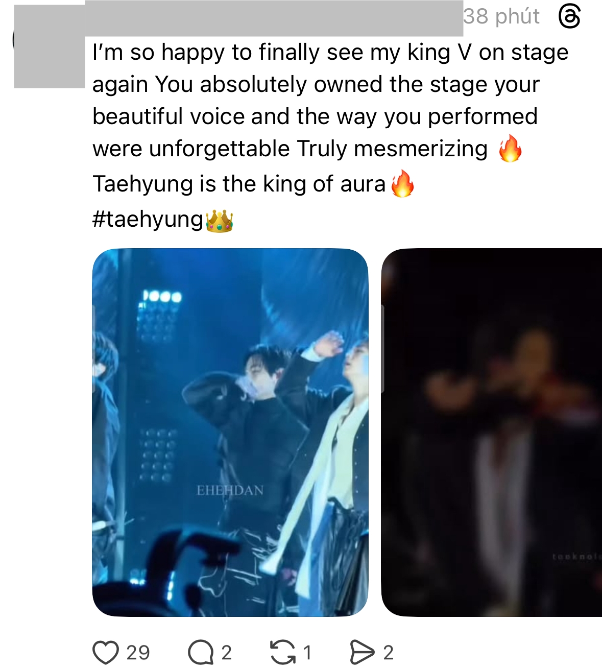   “Tôi vui mừng đến phát khóc khi cuối cùng được thấy vua của tôi V trở lại sân khấu. Bạn hoàn toàn thống trị sân khấu, giọng hát tuyệt đẹp và cách bạn biểu diễn thật không thể quên. Thật sự mê hoặc”, một netizen bình luận.  