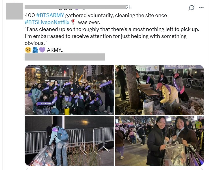   Bài đăng chia sẻ: “400 #BTSARMY đã tự nguyện tụ họp, dọn dẹp địa điểm ngay sau khi #BTSLiveonNetflix kết thúc. ‘Fan dọn dẹp kỹ đến mức hầu như không còn gì để nhặt nữa