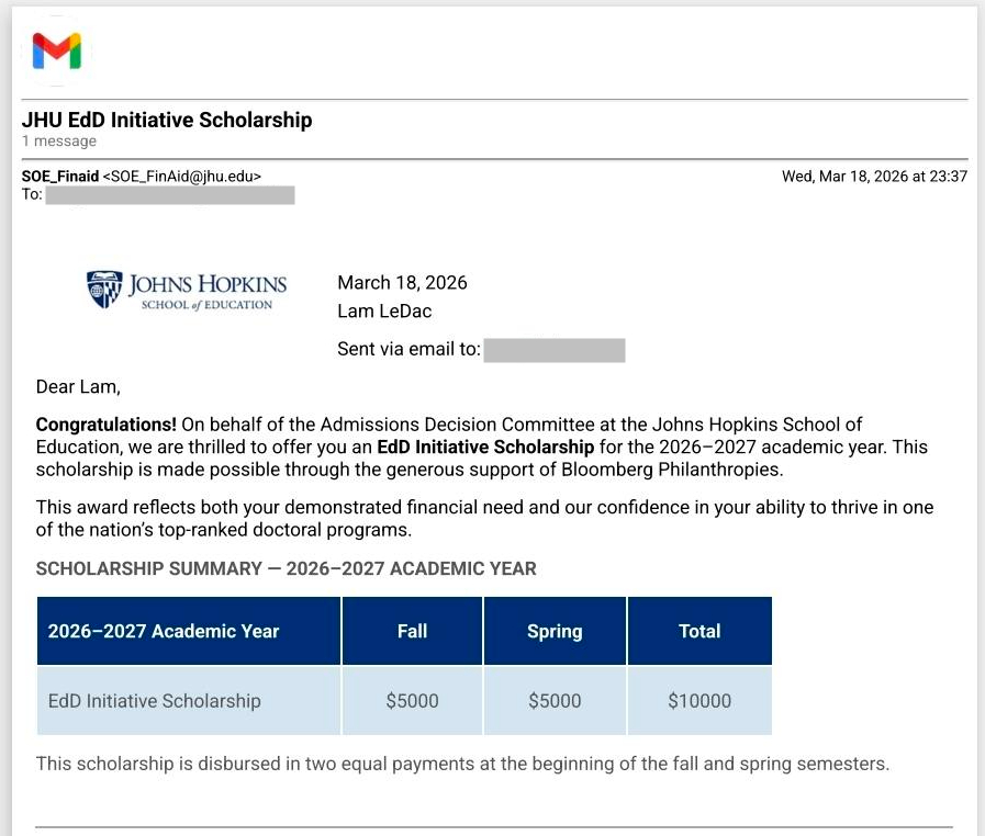 Thông tin về học bổng của anh Lê Đắc Lâm tại Johns Hopkins
