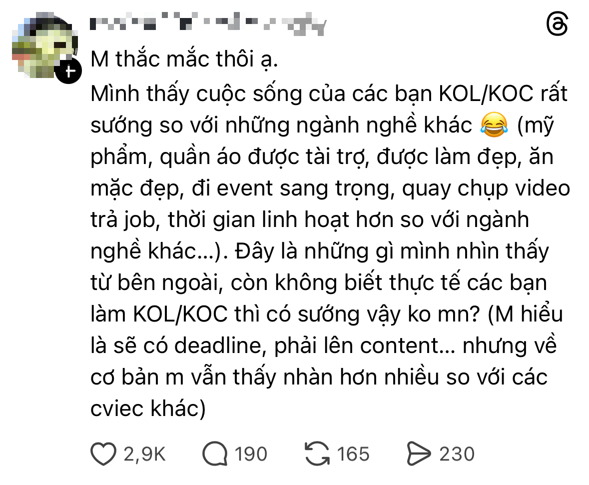 KOL,KOC có sướng như vậy không? Ảnh chụp màn hình. 