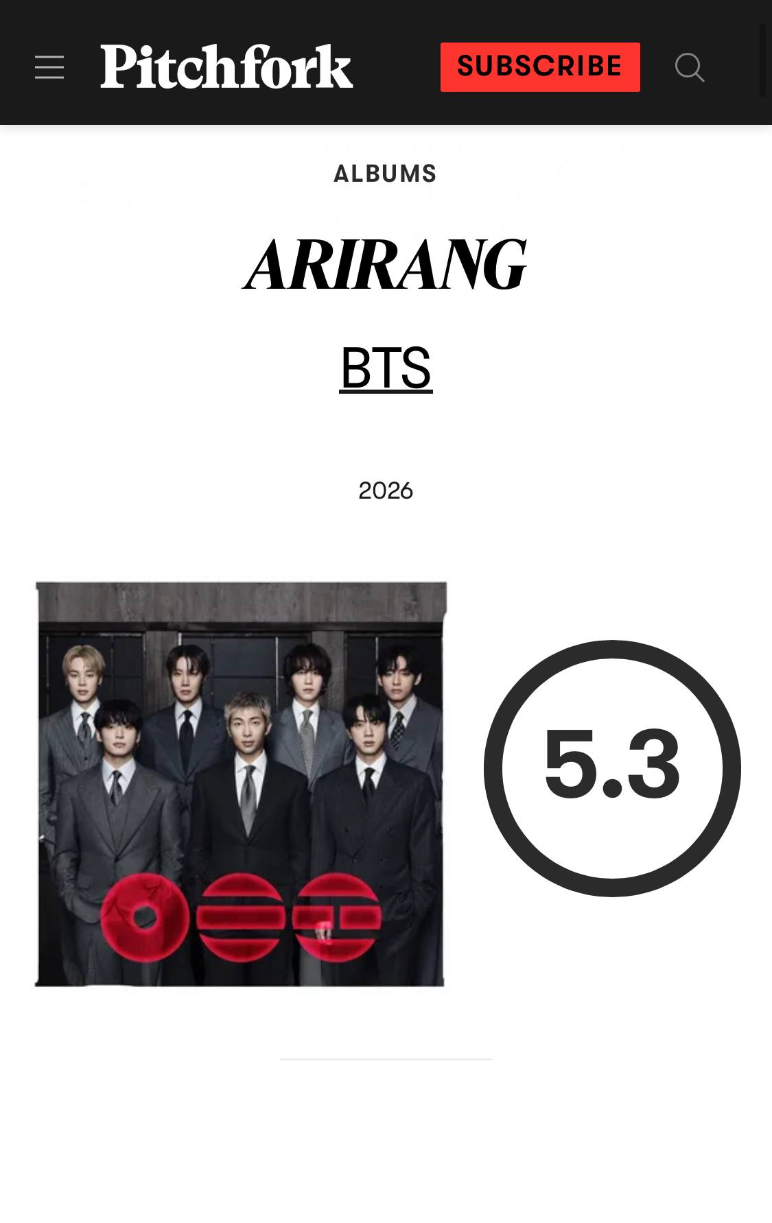 Pitchfork chấm album ARIRANG con số 5.3 điểm