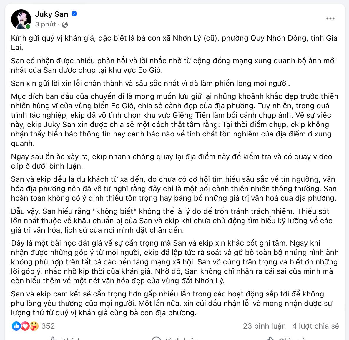 Juky San chính thức lên tiếng xin lỗi về bộ ảnh gây tranh cãi dữ dội