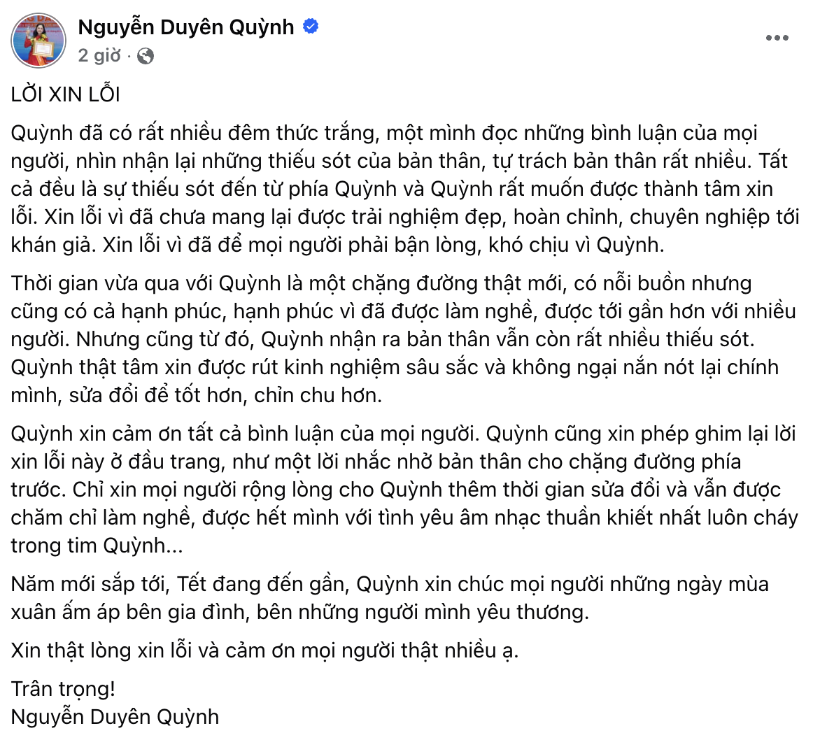 Bài đăng xin lỗi của Nguyễn Duyên Quỳnh (ảnh cap màn hình)