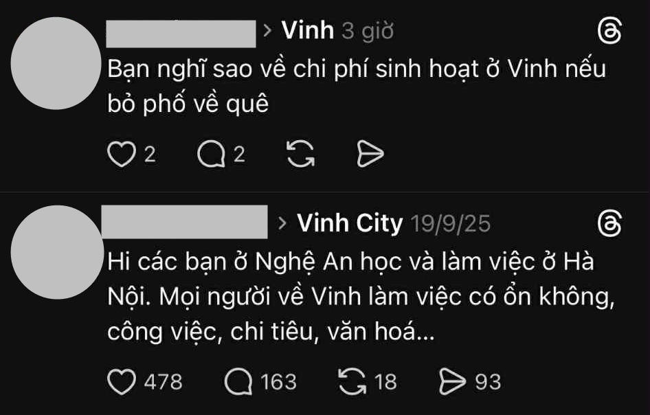 Các bài đăng trên Threads về chuyện ra Hà Nội sống, chuyển về Vinh sống