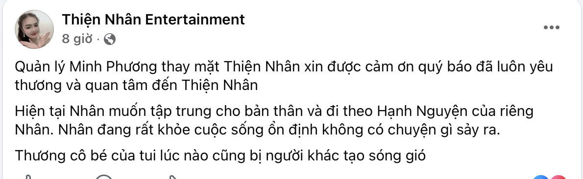 Thông báo từ trang Fanpage của Thiện Nhân sau khi gia đình đăng thông tin tìm kiếm 